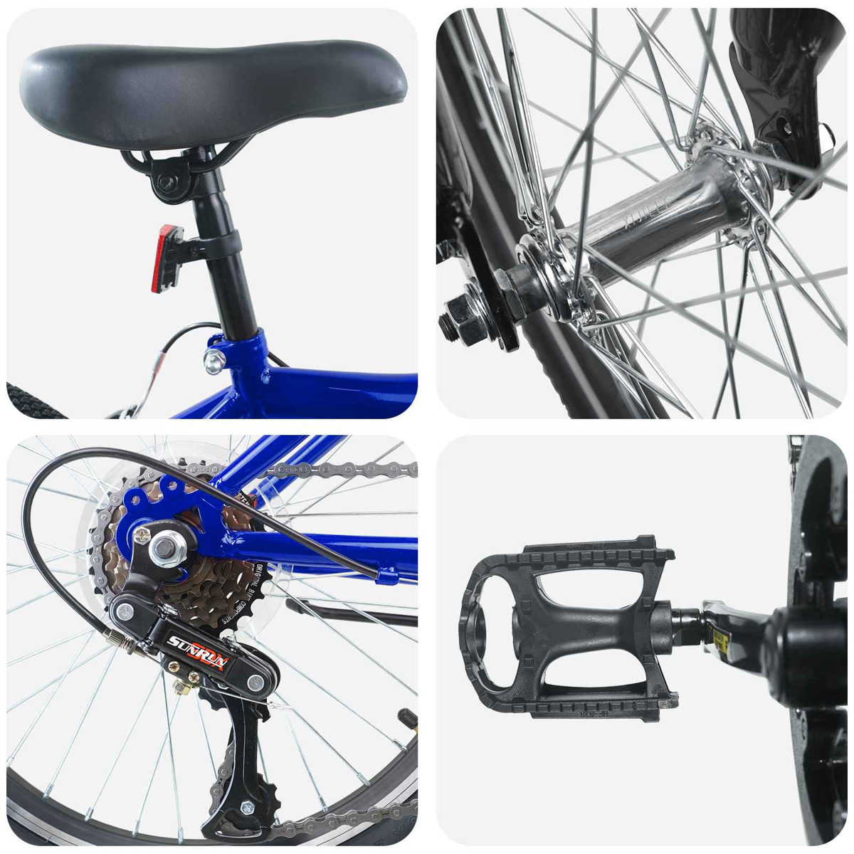 Ansicht von Fahrradteilen: Sitz, Vorderradnabe, Schaltung, Kurbel.