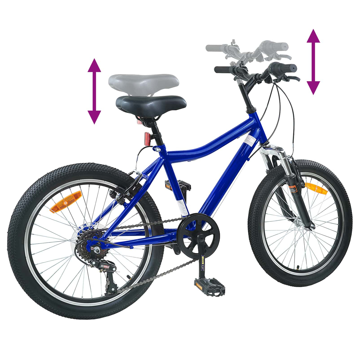 Ein blaues Fahrrad mit verstellbarem Sattel und Lenker, auf weißem Grund.