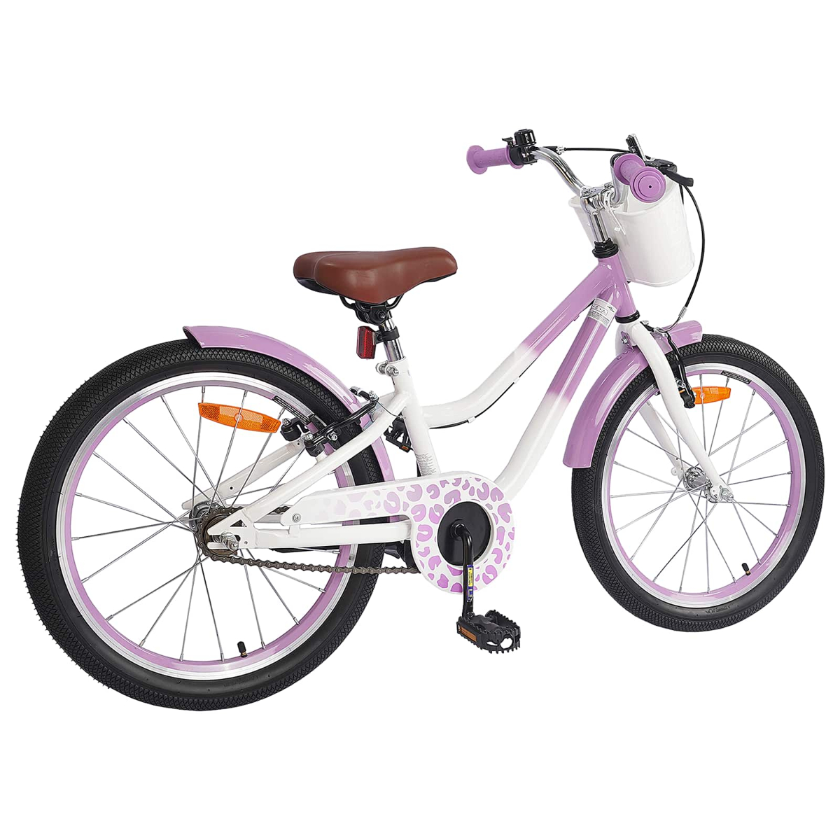 Ein lilafarbenes und weißes Mädchenfahrrad mit braunem Sattel und weißem Korb.
