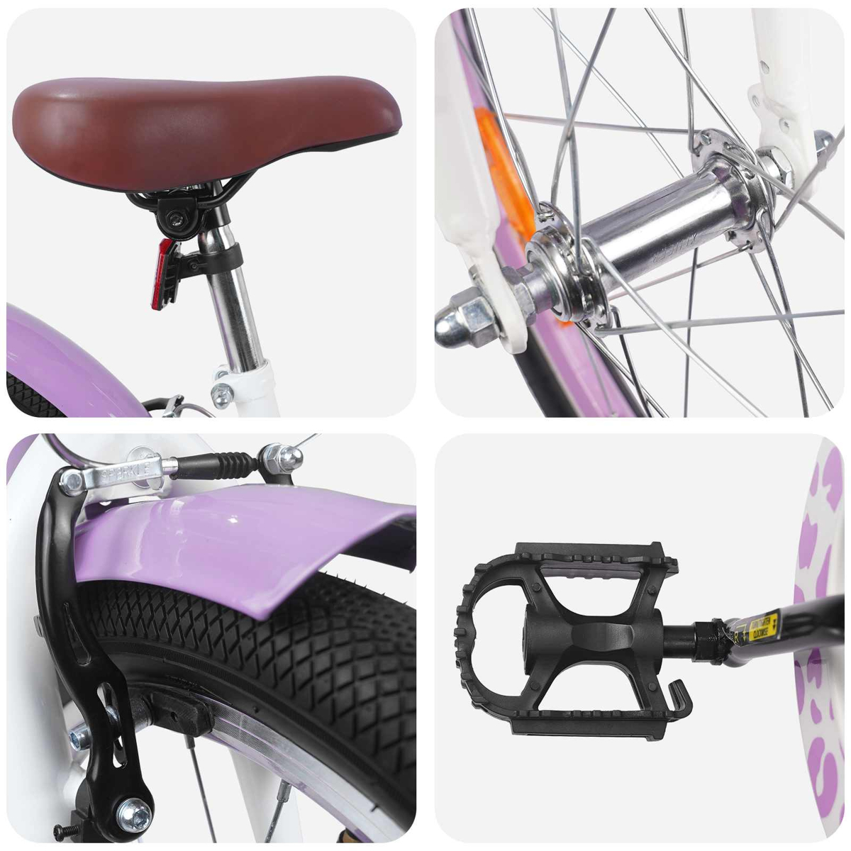 Nahaufnahme eines Fahrrads mit braunem Sattel, Speichen, Bremse und Pedal.