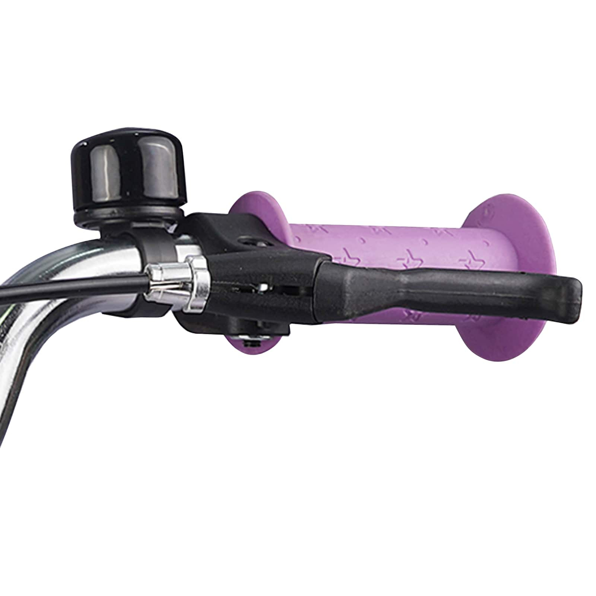 Ein Fahrradlenker mit lila Griff, schwarzer Klingel und Bremshebel.