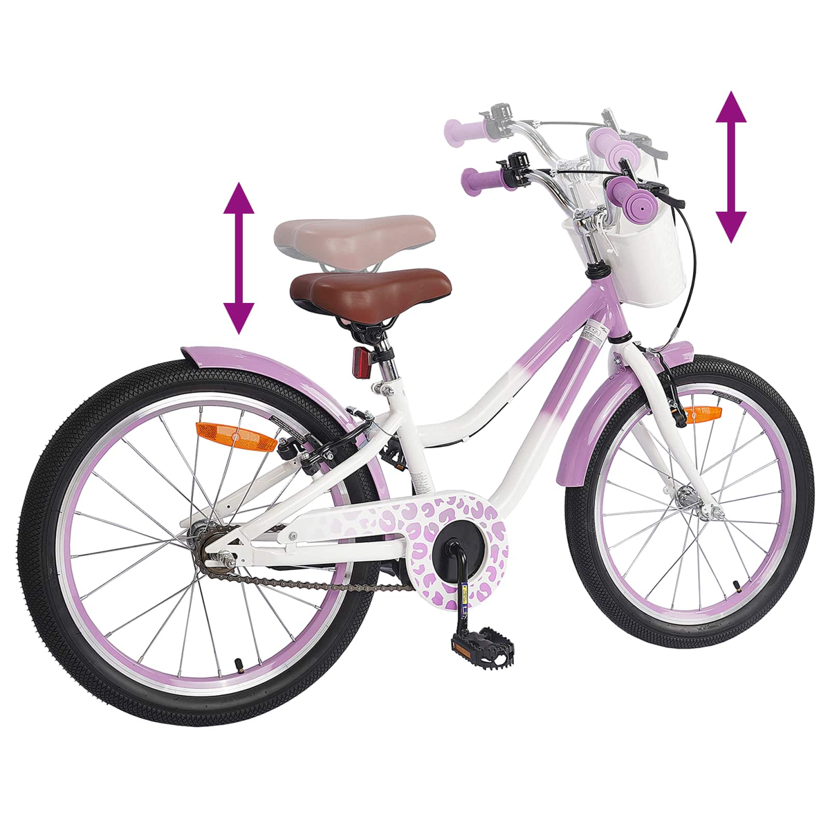 Lila und weiße Kinderfahrrad mit Korb und verstellbarem Sitz/Lenker.