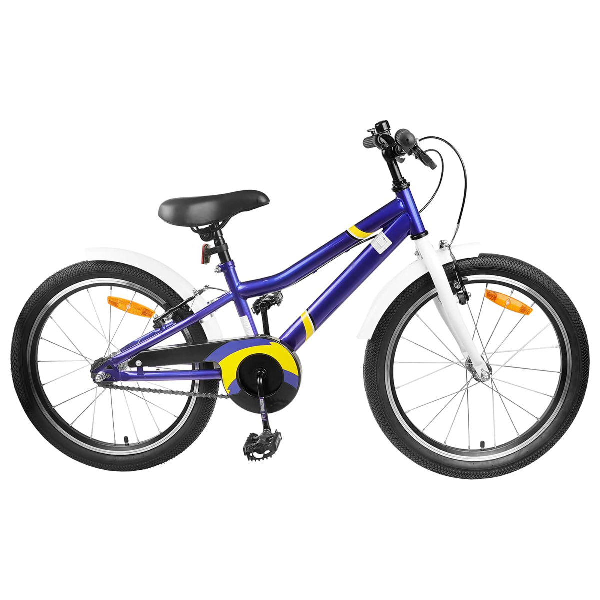 Ein blaues Kinderfahrrad mit gelben Streifen, weißen Schutzblechen und schwarzen Reifen.