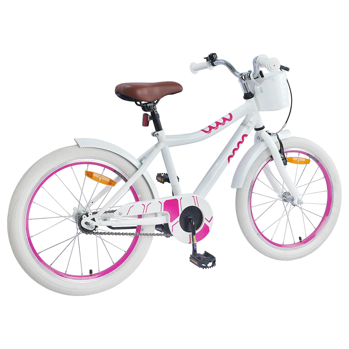 Weißes Kinderfahrrad mit rosa Akzenten, braunem Sattel und weißem Korb.