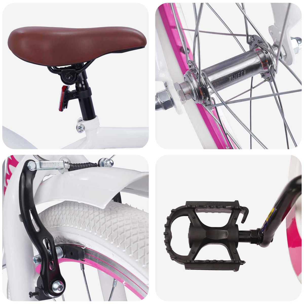 Collage eines weißen Fahrrads: brauner Sattel, Radnabe, Bremse und schwarzes Pedal.