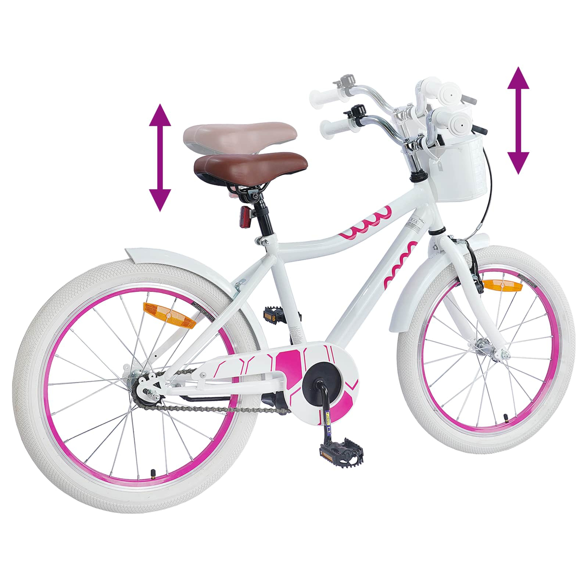 Ein weißes Kinderfahrrad mit rosa Akzenten und verstellbarer Sitzhöhe.