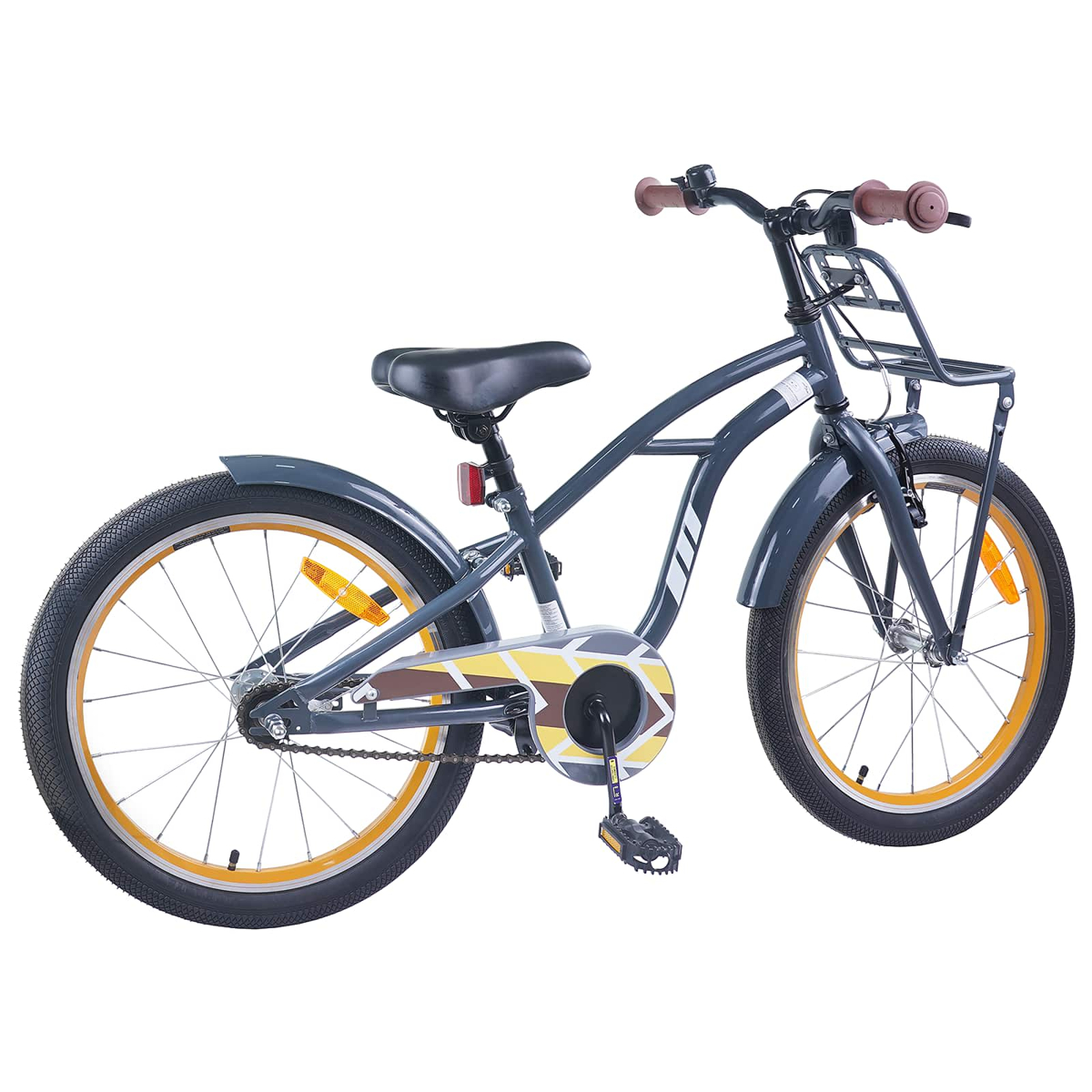 Ein graues Kinderfahrrad mit braunen Griffen, einem Korb und orangefarbenen Felgen.