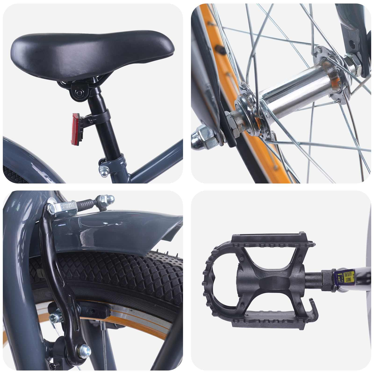 Detailansicht eines Fahrrads mit Sattel, Radnabe, Bremse und Pedal.
