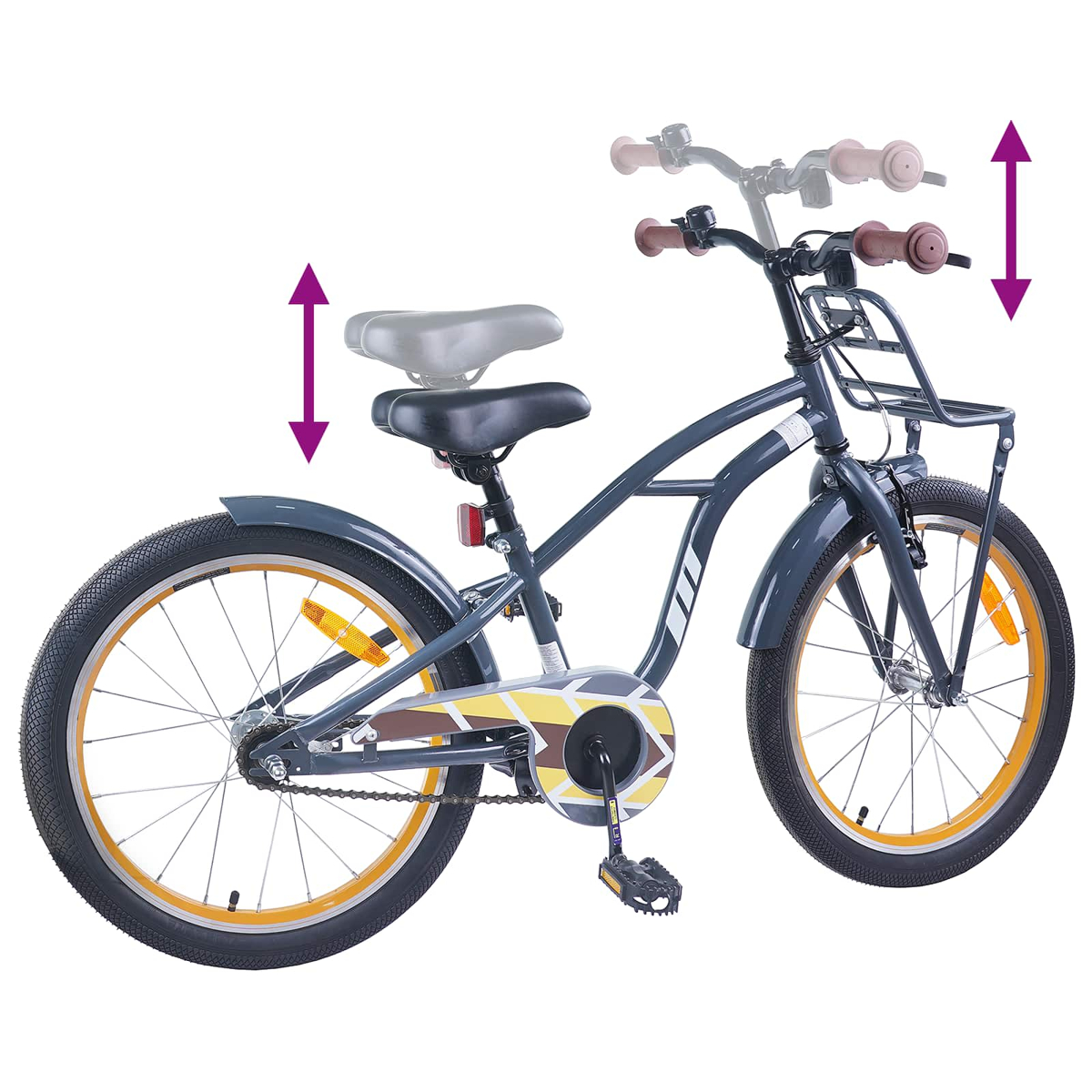 Dunkelgraues Kinderfahrrad mit verstellbarem Sattel und Lenker.