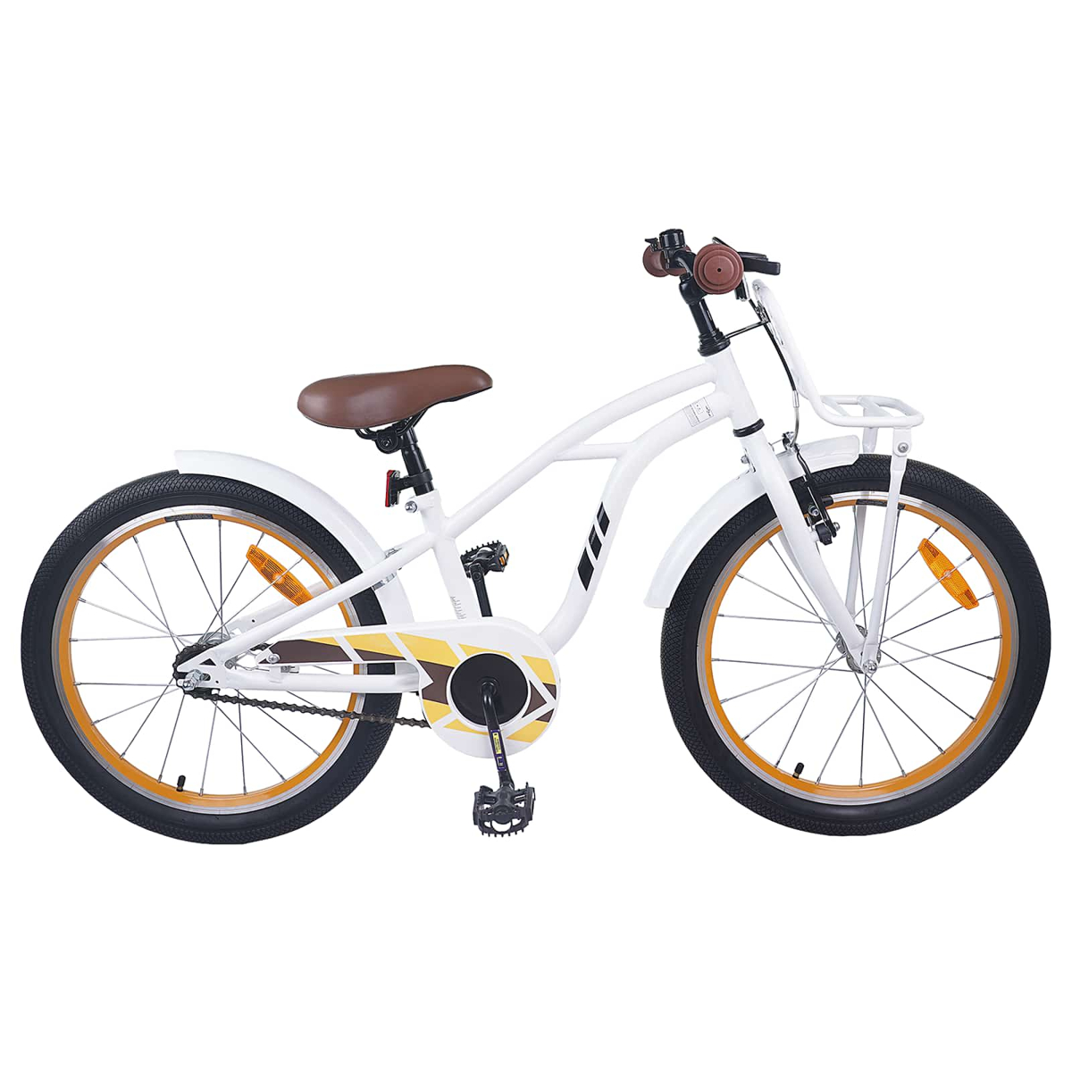 Ein weißes Kinderfahrrad mit braunen Griffen und Sattel sowie orangen Felgen.