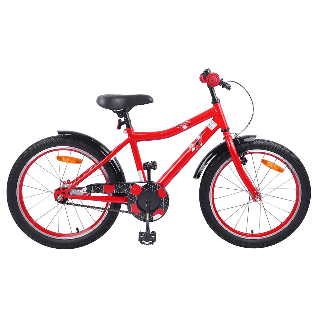 Ein rotes Kinderfahrrad mit schwarzen Schutzblechen und roten Felgen.