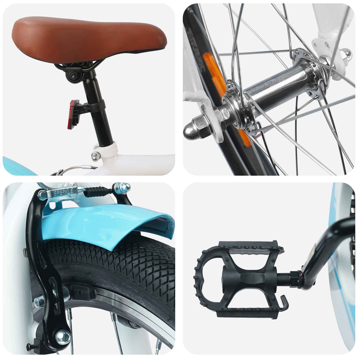 Nahaufnahme eines Fahrrads mit braunem Sattel, Speichenrad, Bremse und Pedal.