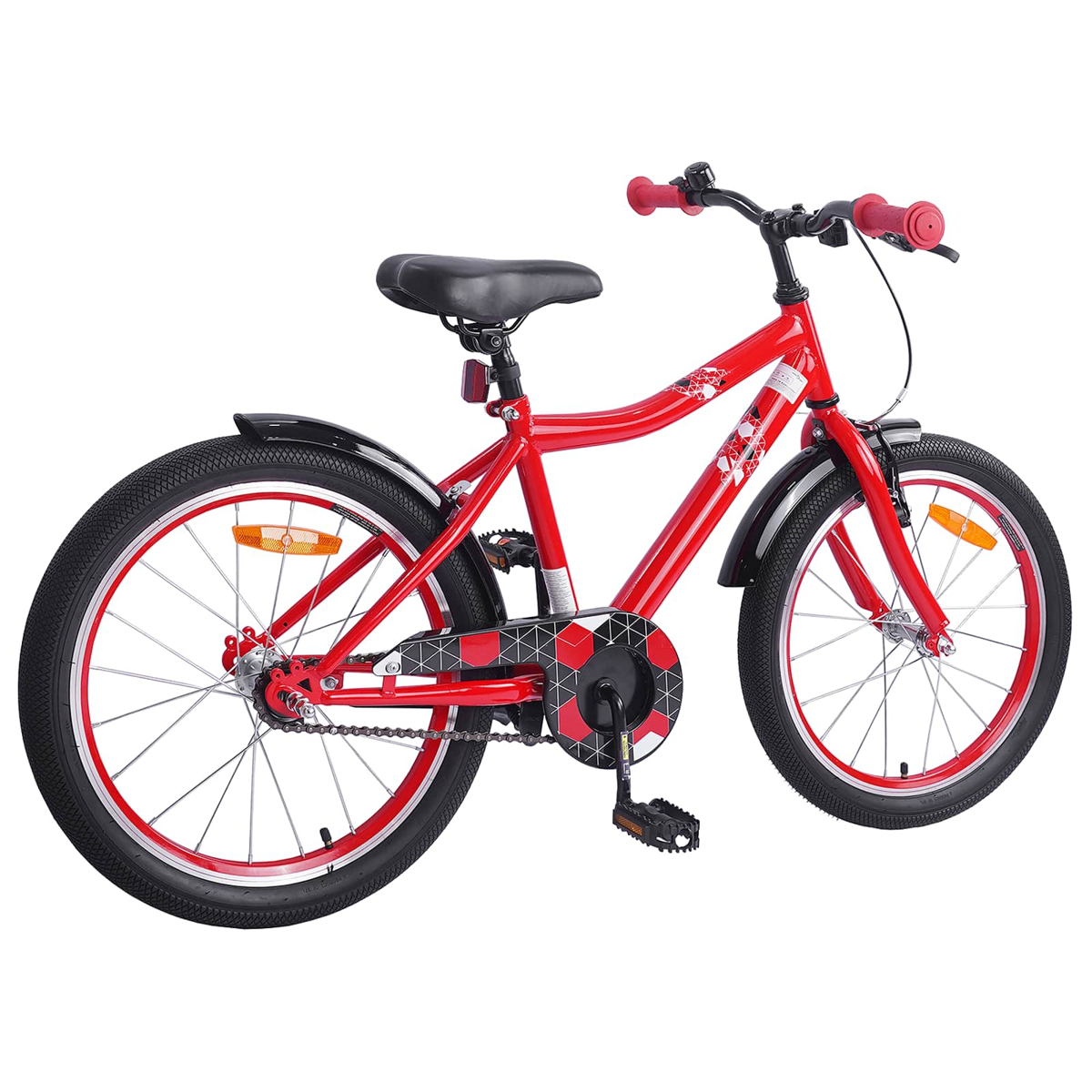Ein rotes Fahrrad mit schwarzen Schutzblechen, schwarzem Sitz und rotem Lenker auf weißem Grund.