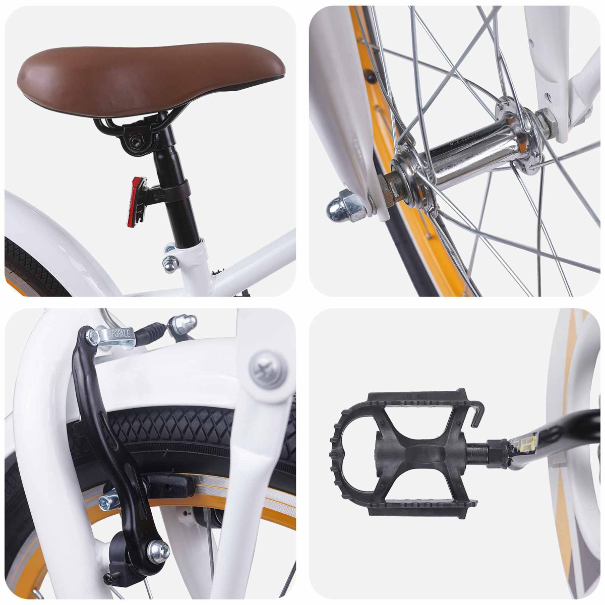 Details einer weißen Fahrrads: Sattel, Radnabe, Bremse, Pedal.