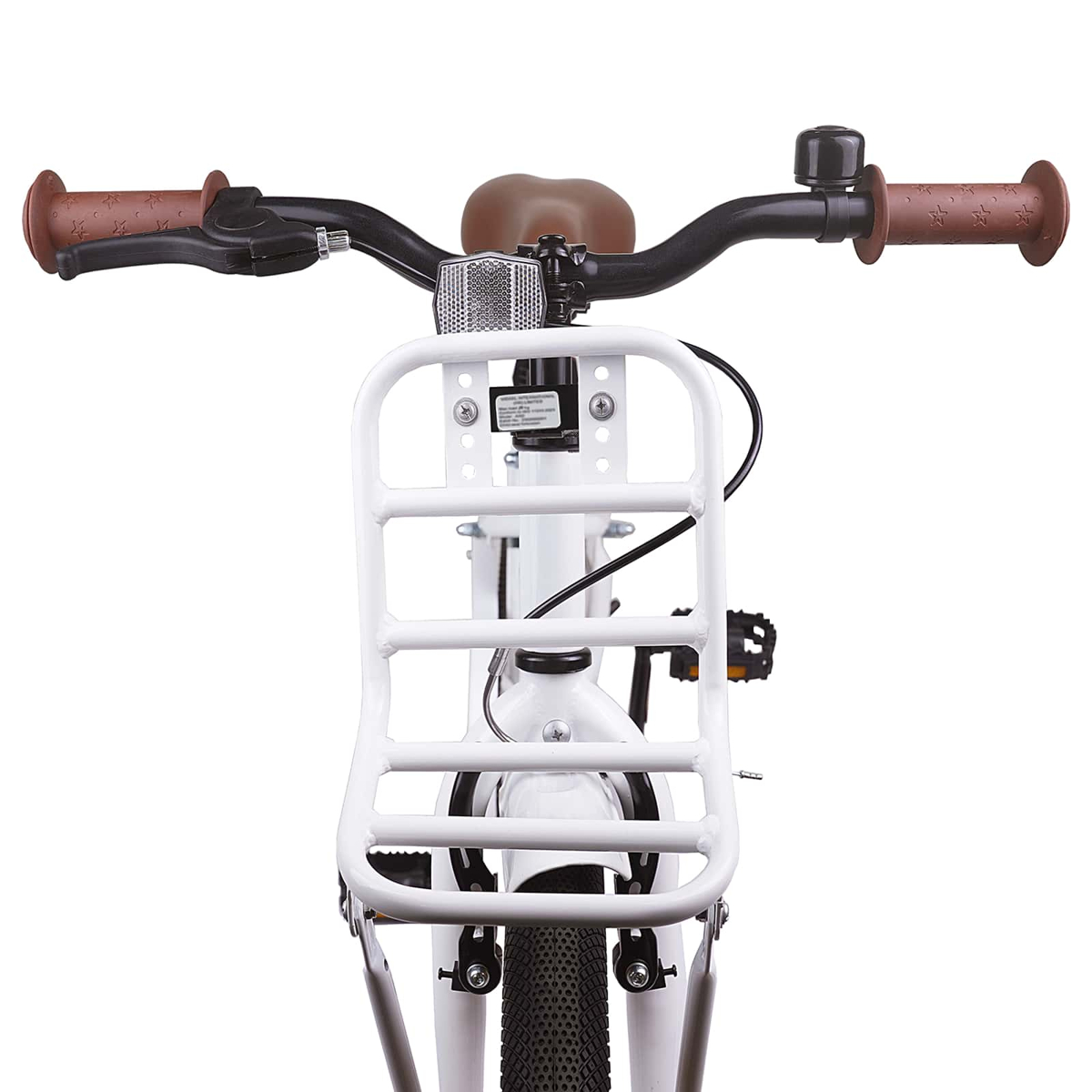 Wei2es Fahrrad mit Vorderkorb, braunem Sattel und Sternengriffen.