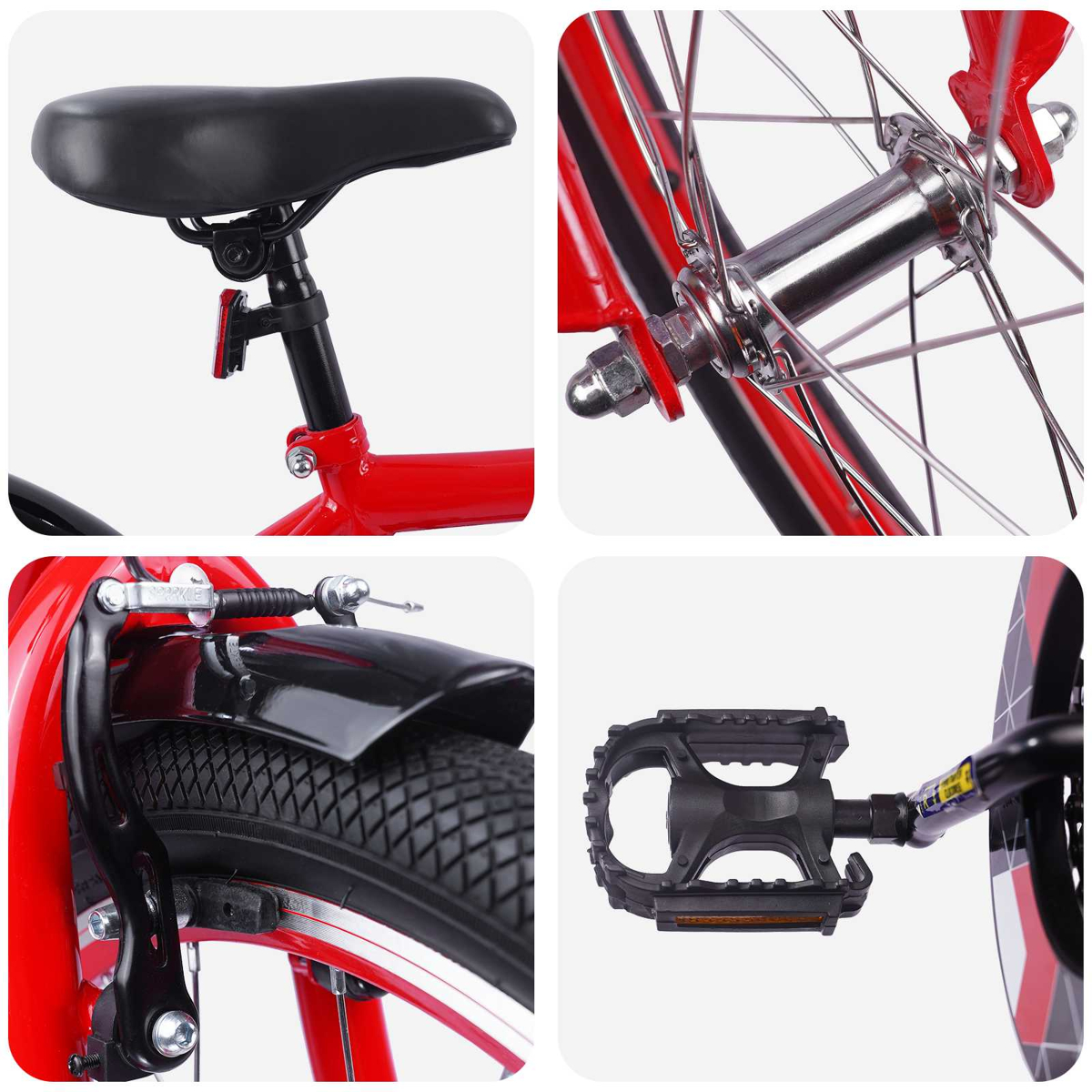 Vier Nahaufnahmen eines roten Fahrrads: Sattel, Speichen, Bremse, Pedal.