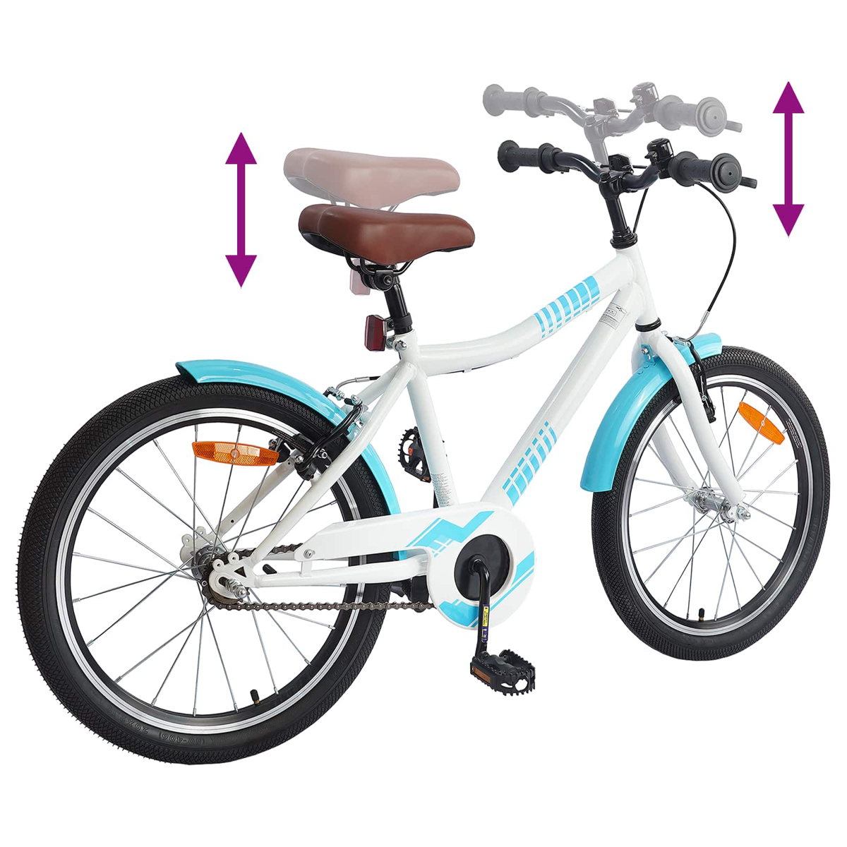 Ein weißes Kinderfahrrad mit blauen Akzenten. Sitz und Lenker sind höhenverstellbar.