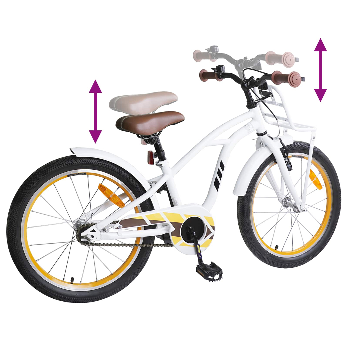 Ein weißes Fahrrad mit gelben Felgen, höhenverstellbarem Sattel und Lenker.