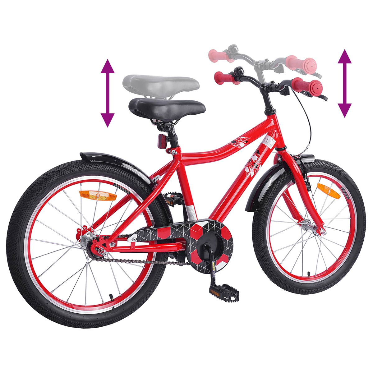 Rotes Kinderfahrrad mit verstellbarer Sitzhöhe und Lenkerhöhe.