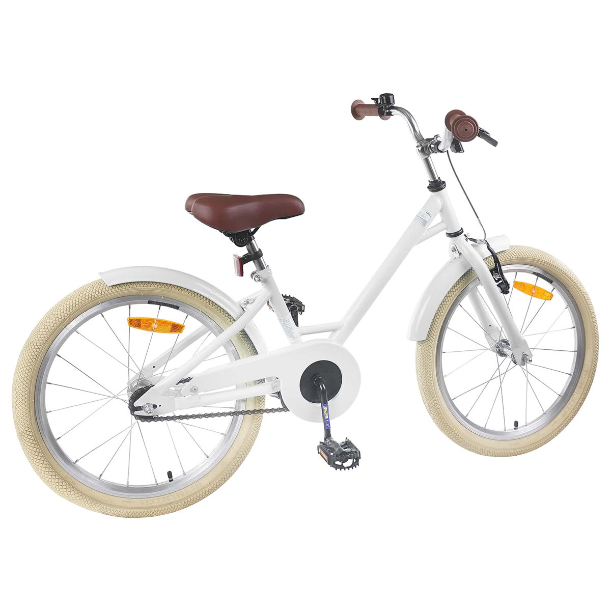 Ein weißes Kinderfahrrad mit braunem Sattel und Griffen, hellbraunen Reifen.