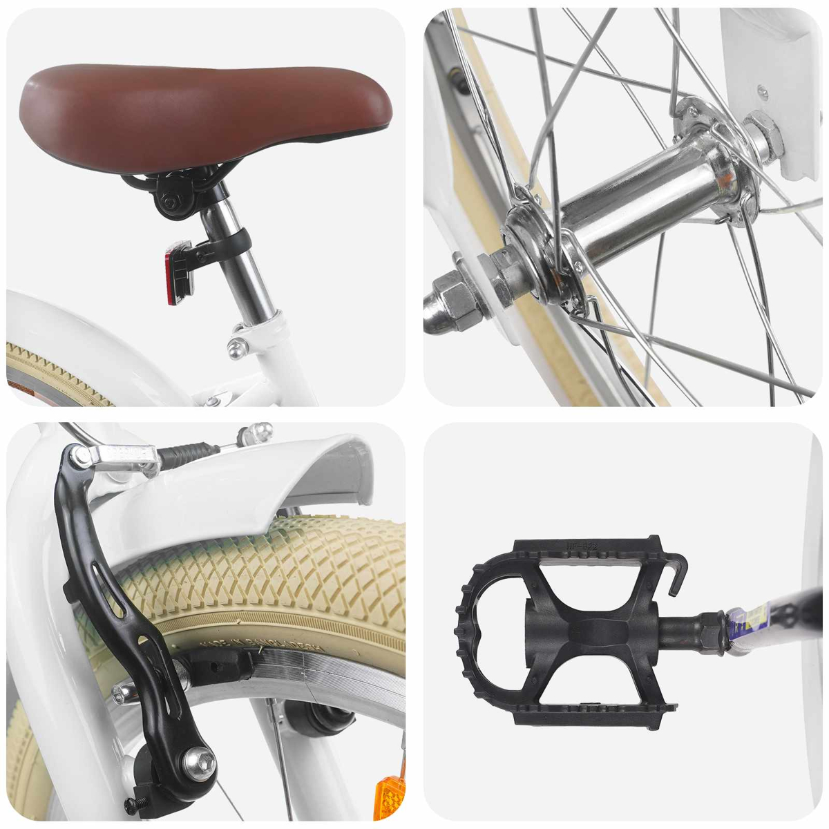 Details eines weißen Fahrrads: Sattel, Radnabe, Bremse, Pedal.