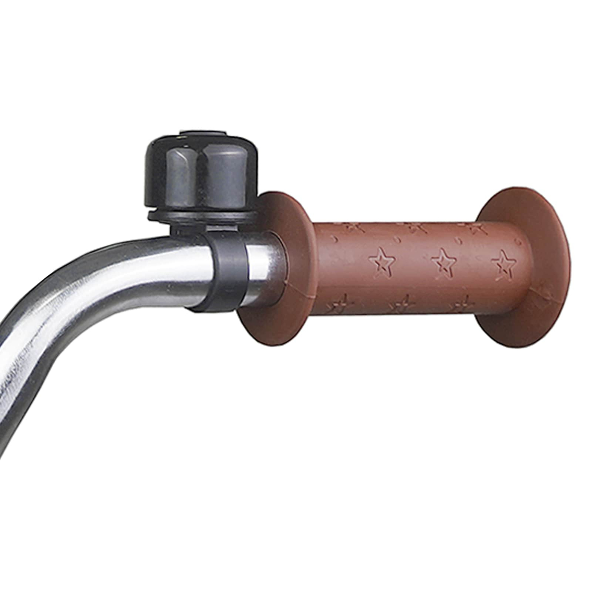 Ein Fahrradgriff mit braunem Sternenmuster und einer schwarzen Klingel.
