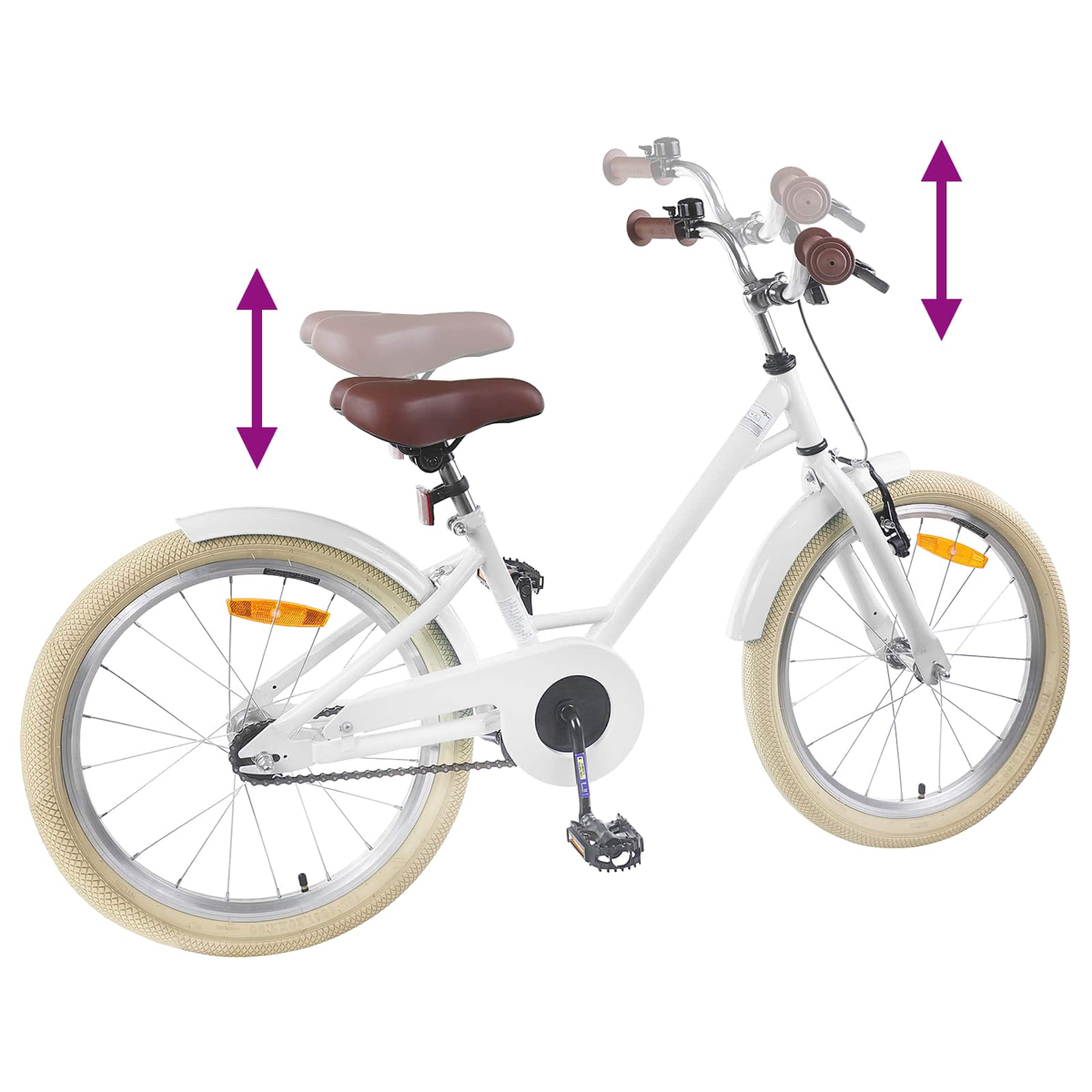 Weißes Kinderfahrrad mit verstellbarem Sattel und Lenker.