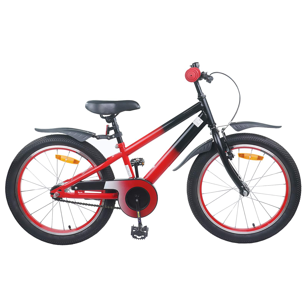 Ein rotes und schwarzes Kinderfahrrad mit Schutzblechen und einer Klingel am Lenker.