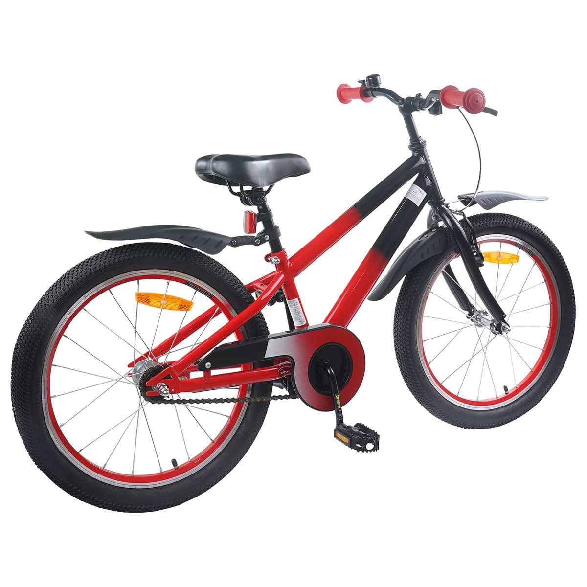 Rotes und schwarzes Kinderfahrrad mit Schutzblechen und Reflektoren.