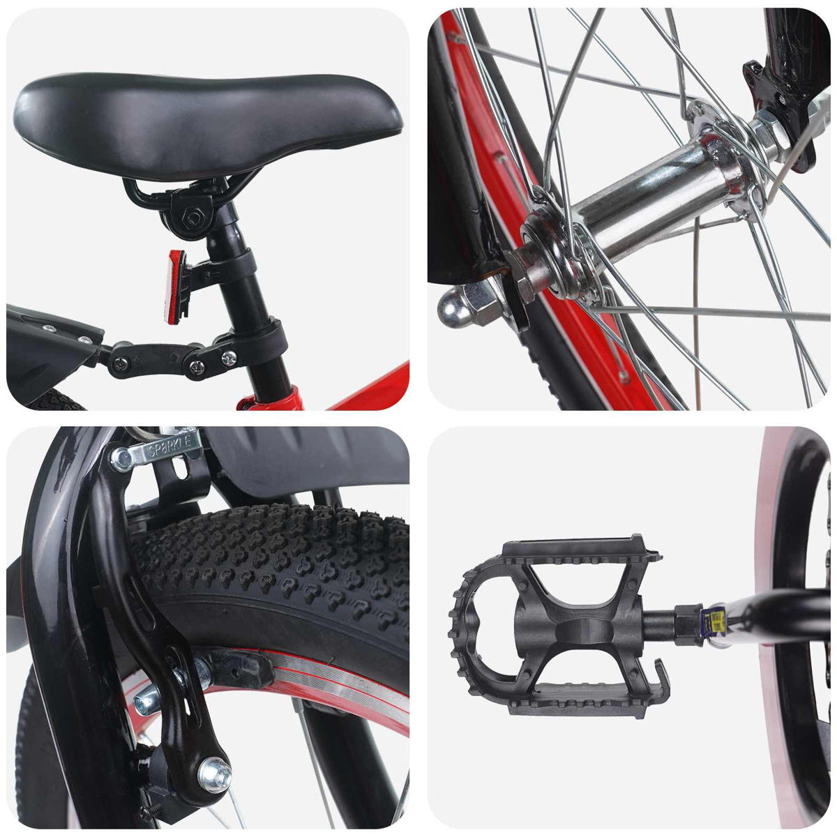 Collage von Fahrradteilen: Sattel, Radnabe, Bremse und Pedal.