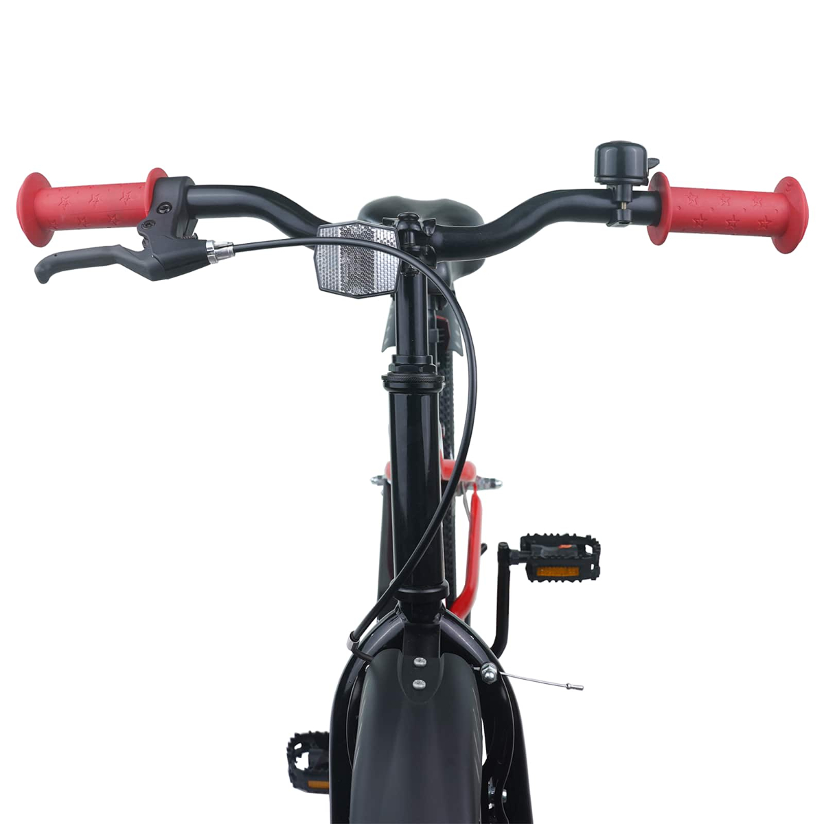 Nahaufnahme des Fahrradlenkers mit roten Griffen, Klingel und Bremsen.
