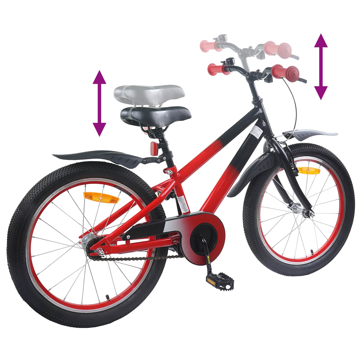 Rot-schwarzes Kinderfahrrad mit verstellbarem Sattel und Lenker. Weißer Hintergrund.
