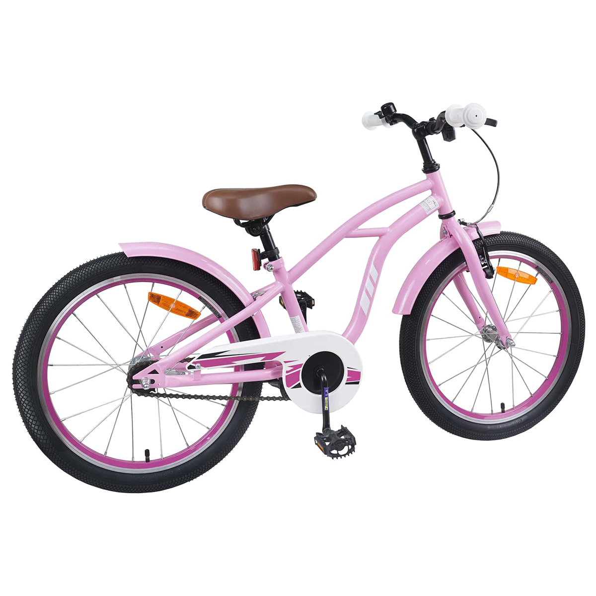 Ein rosa Kinderfahrrad mit braunem Sattel und weißen Griffen.