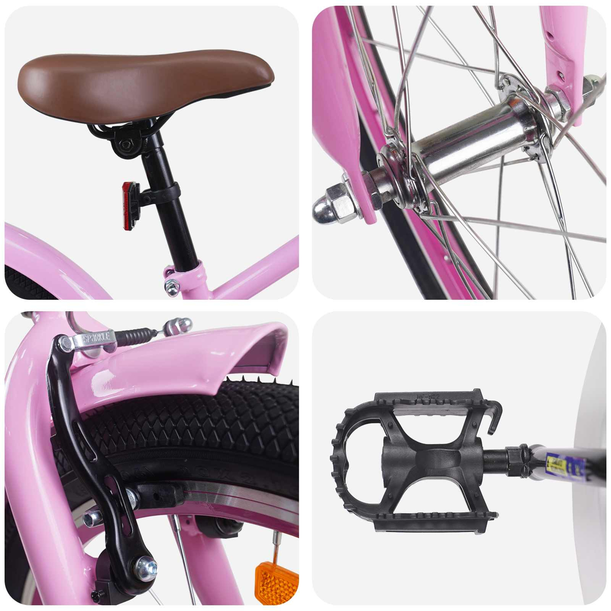 Nahaufnahme eines rosa Kinderfahrrads: Sattel, Vorderradnabe, Bremse und Pedal.