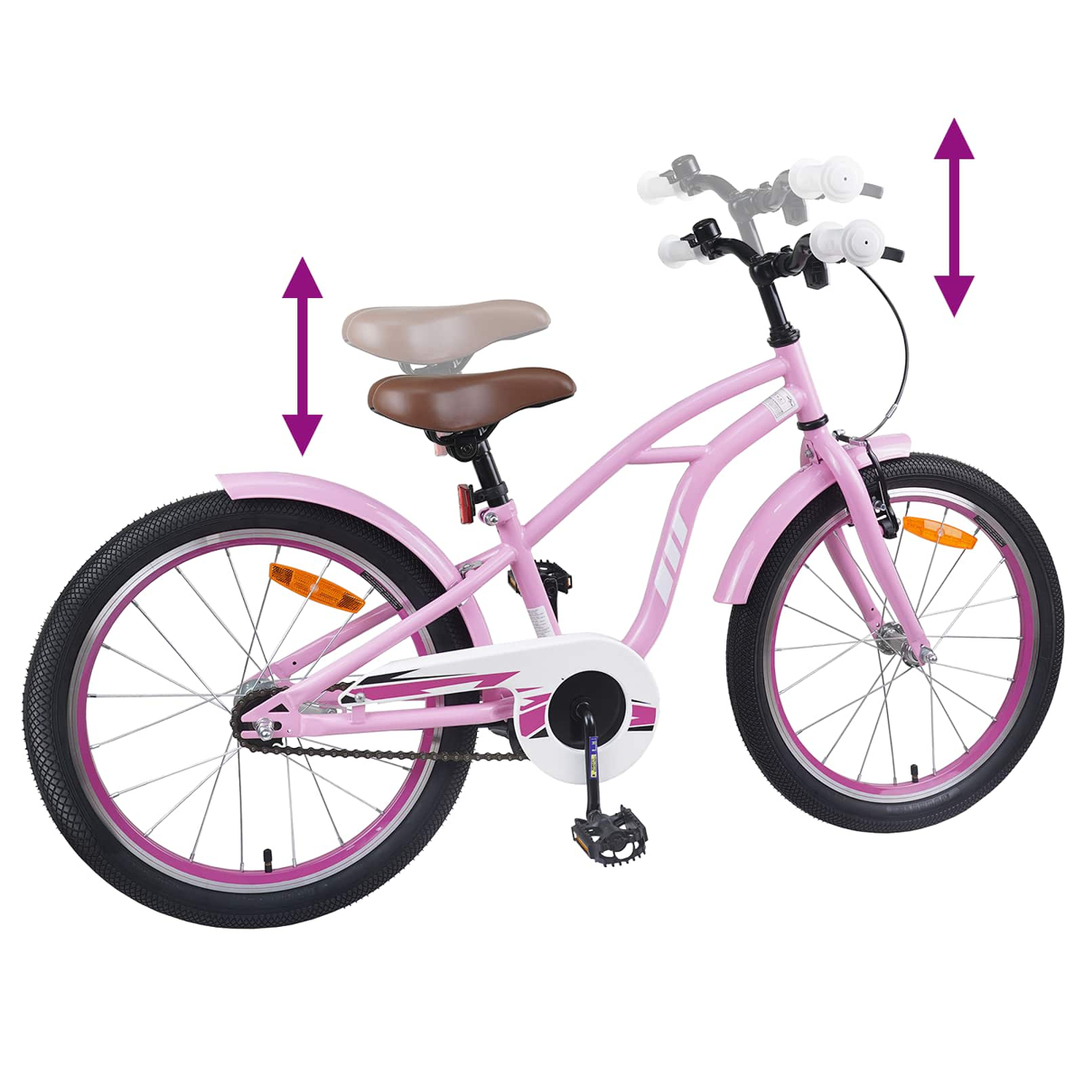 Ein rosafarbenes Kinderfahrrad mit verstellbarer Sattel- und Lenkerhöhe.
