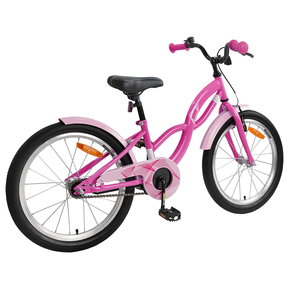Ein pinkes Kinderfahrrad mit schwarzen Reifen und Schutzblechen.