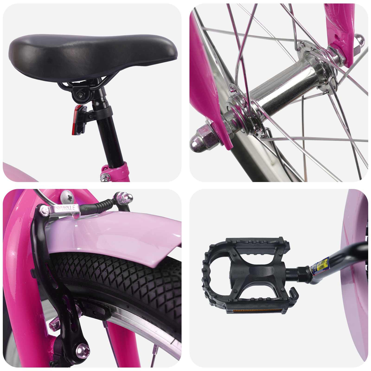 Nahaufnahmen eines pinken Kinderfahrrads: Sattel, Vorderradnabe, Bremse, Schutzblech und Pedal.