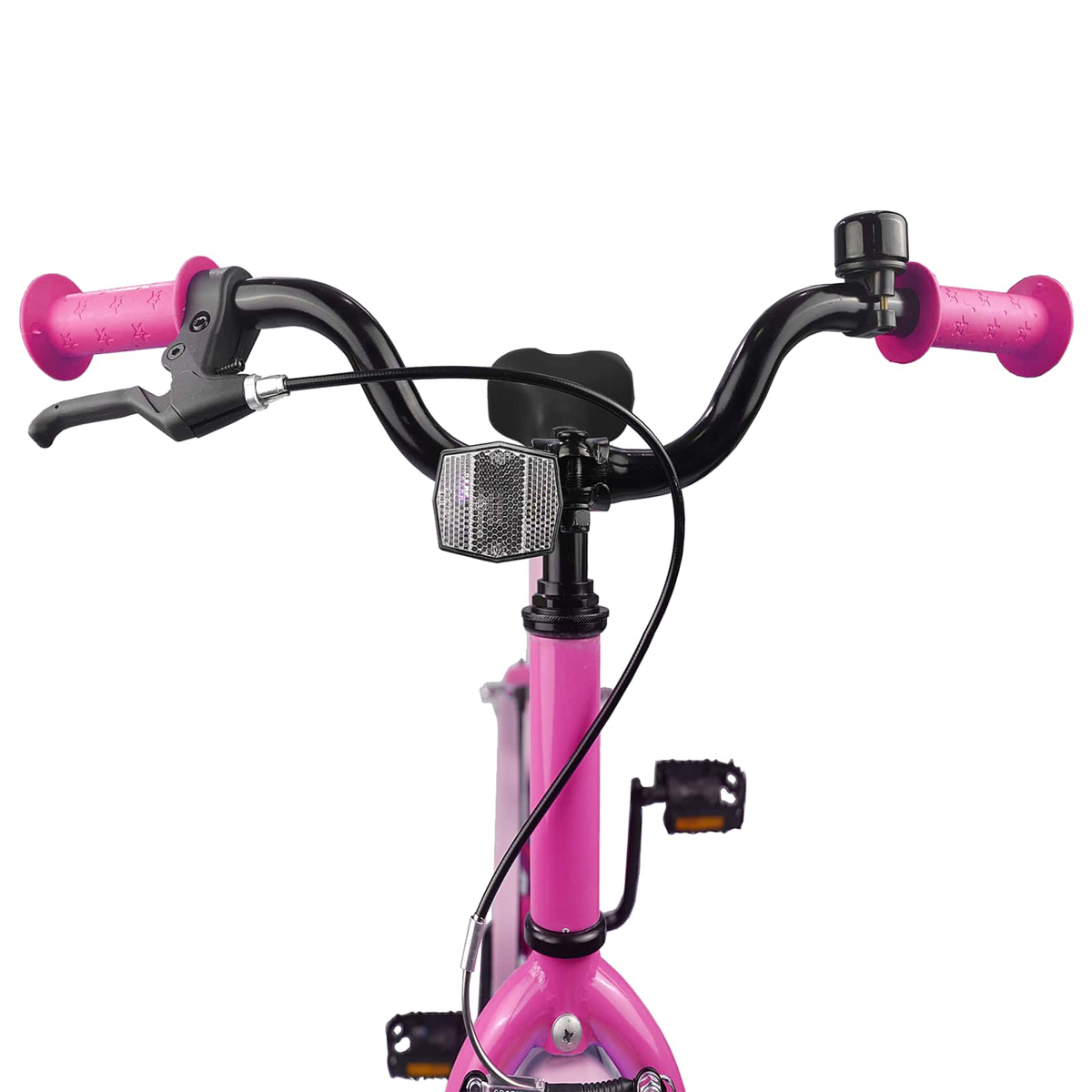 Rosa Kinderfahrrad-Lenker mit pinken Griffen, Klingel, Reflektor und Bremse.