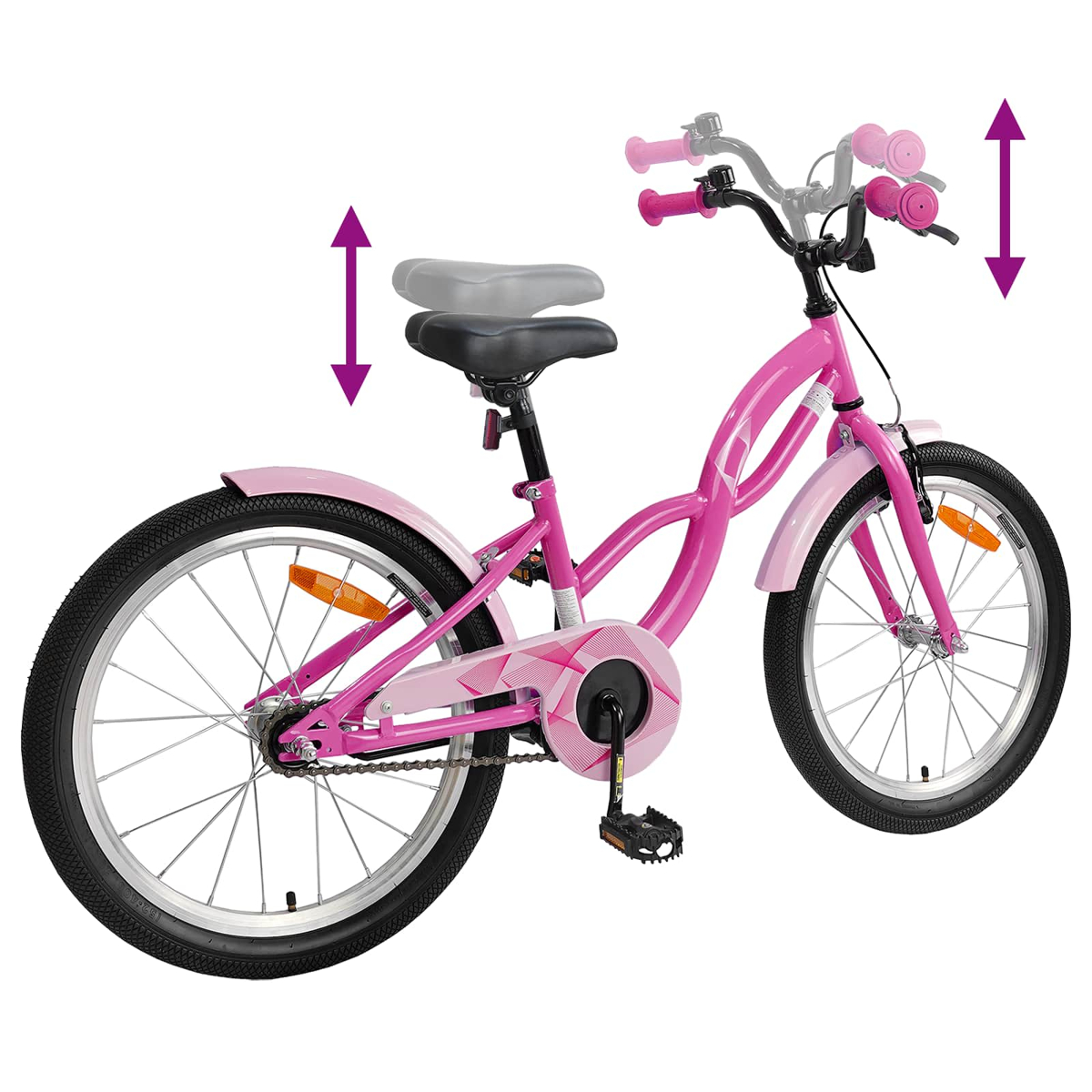 Pinkes Kinderfahrrad mit verstellbarem Sattel und Lenker, weiß.