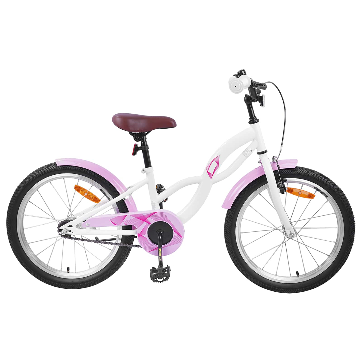 Ein weißes Kinderfahrrad mit rosa Akzenten und braunem Sattel.