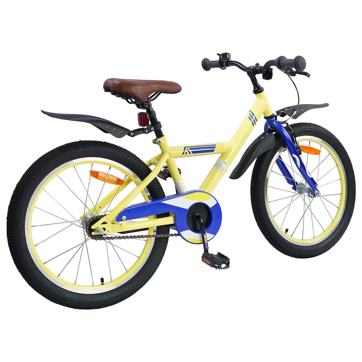 Ein gelbes Kinderfahrrad mit blauen Akzenten, braunem Sattel und schwarzen Reifen.