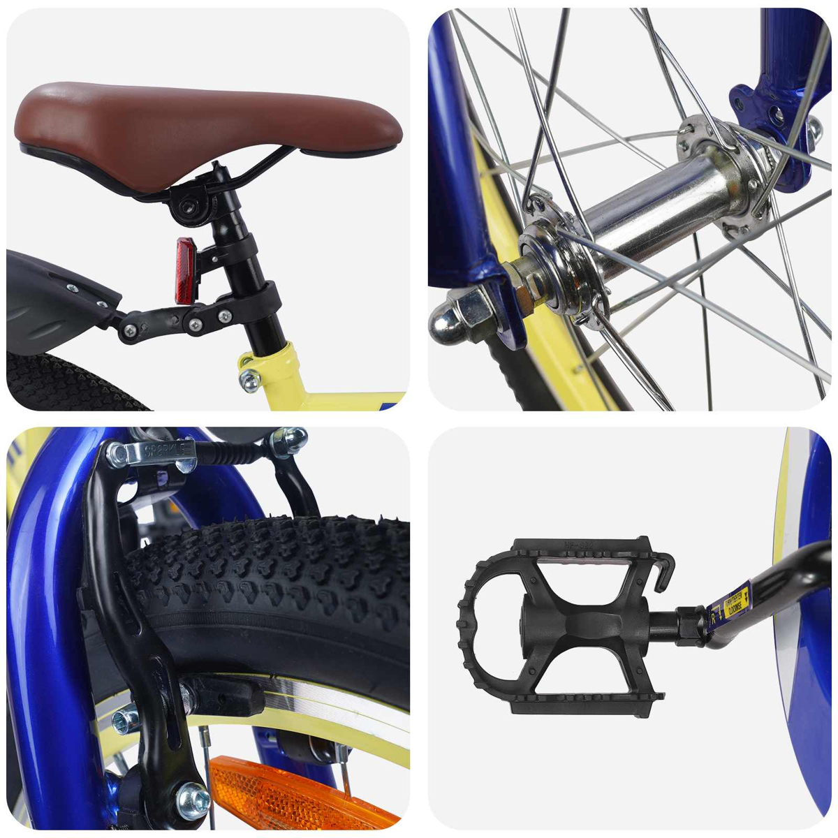 Nahaufnahme Fahrradteile: brauner Sattel, Speichenrad, Bremse, schwarzes Pedal.