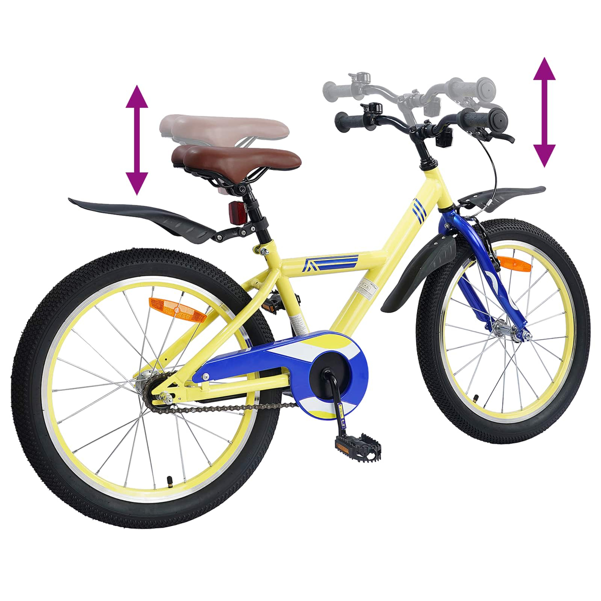Ein gelbes Kinderfahrrad mit blauen Akzenten und verstellbarem Sattel/Lenker.