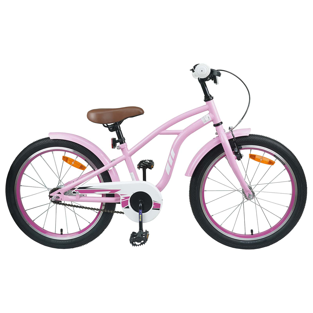 Ein rosafarbenes Kinderfahrrad mit braunem Sattel und pinken Felgen.