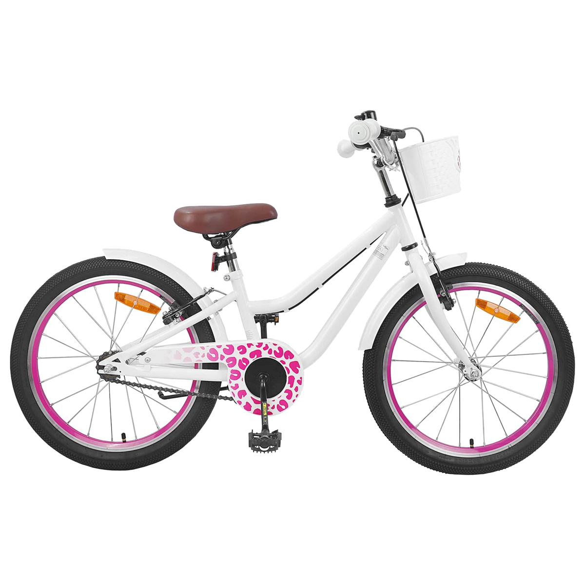 Ein weißes Kinderfahrrad mit pinken Felgen, braunem Sattel und einem weißen Korb vorne.
