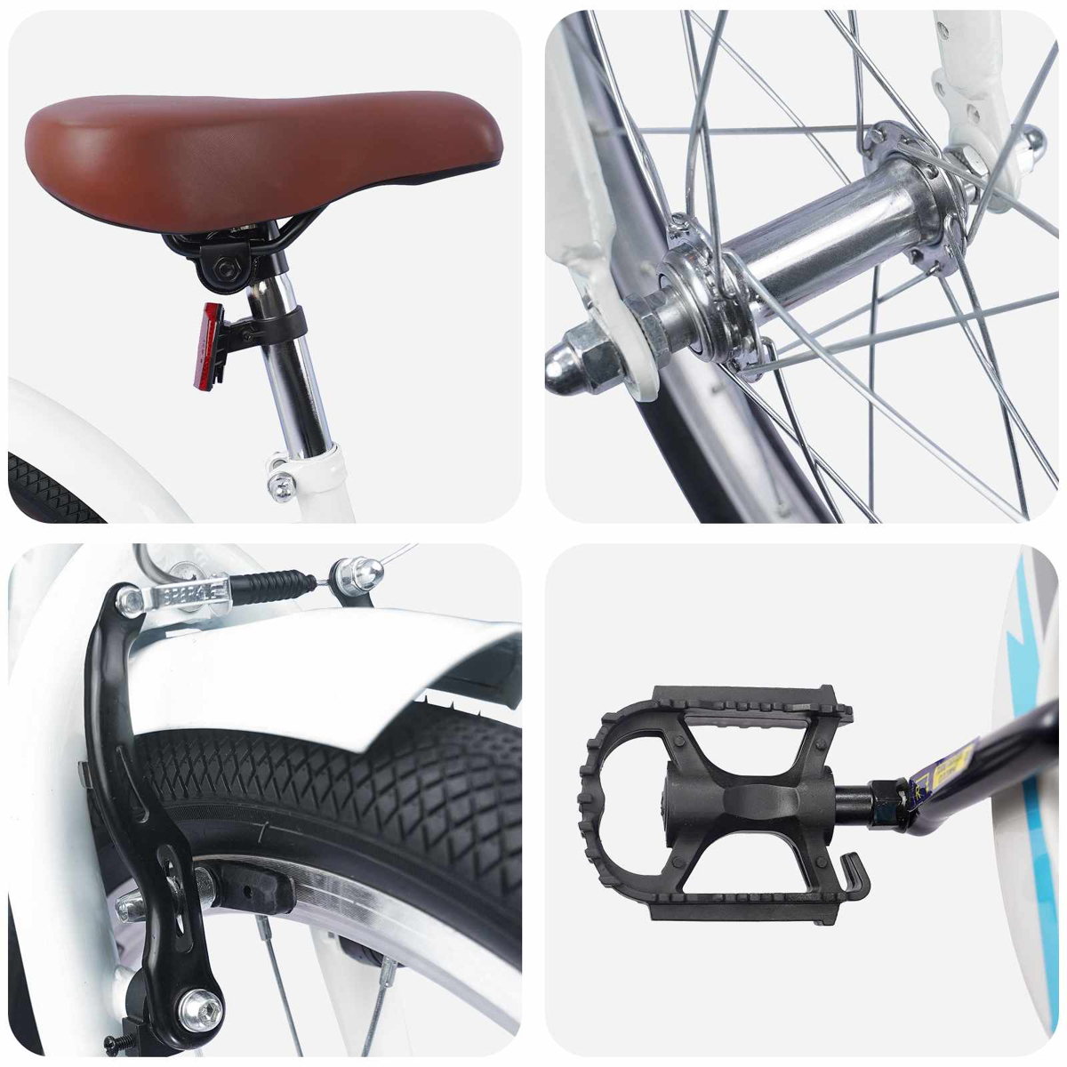 Nahaufnahmen eines weißen Fahrrads: brauner Sattel, Radnabe, Bremse und schwarzes Pedal.