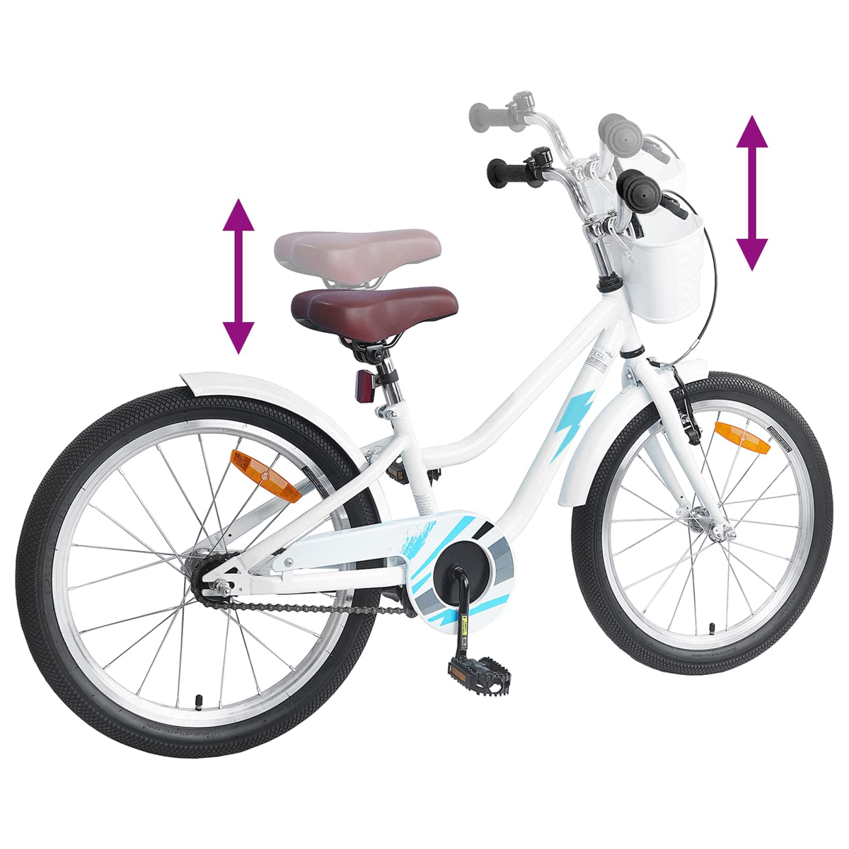 Ein weißes Fahrrad mit lila Pfeilen, die Höhenverstellung von Sattel und Lenker anzeigen.