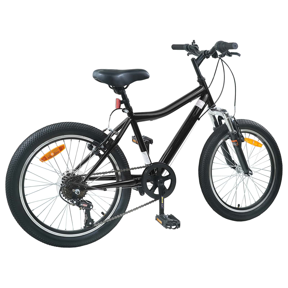 Ein schwarzes Fahrrad mit dicken Reifen, silbernen Speichen und orangen Reflektoren ist abgebildet.