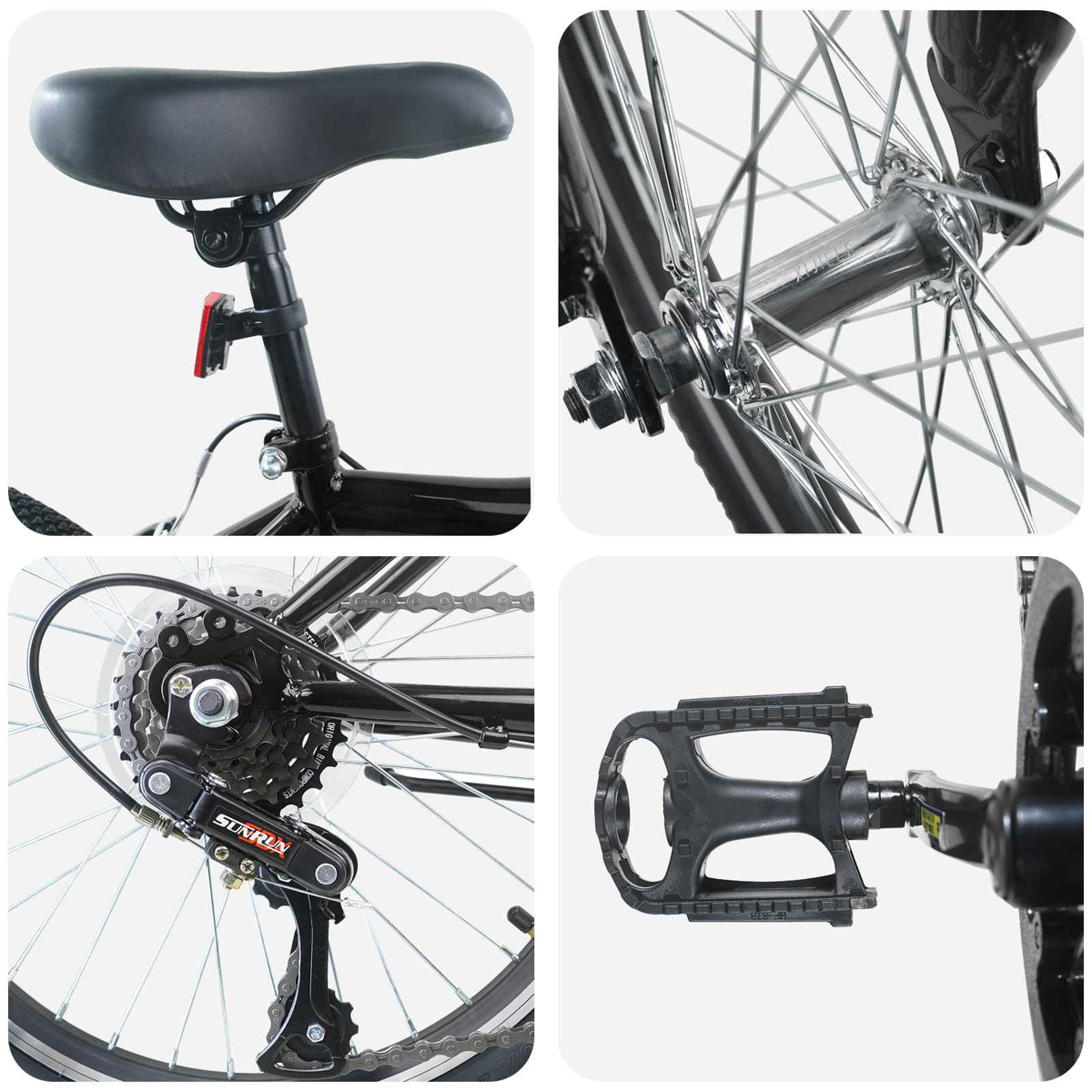 Vier Nahaufnahmen eines schwarzen Fahrrads: Sattel mit Rücklicht, Vorderradnabe, Schaltwerk und Pedal.
