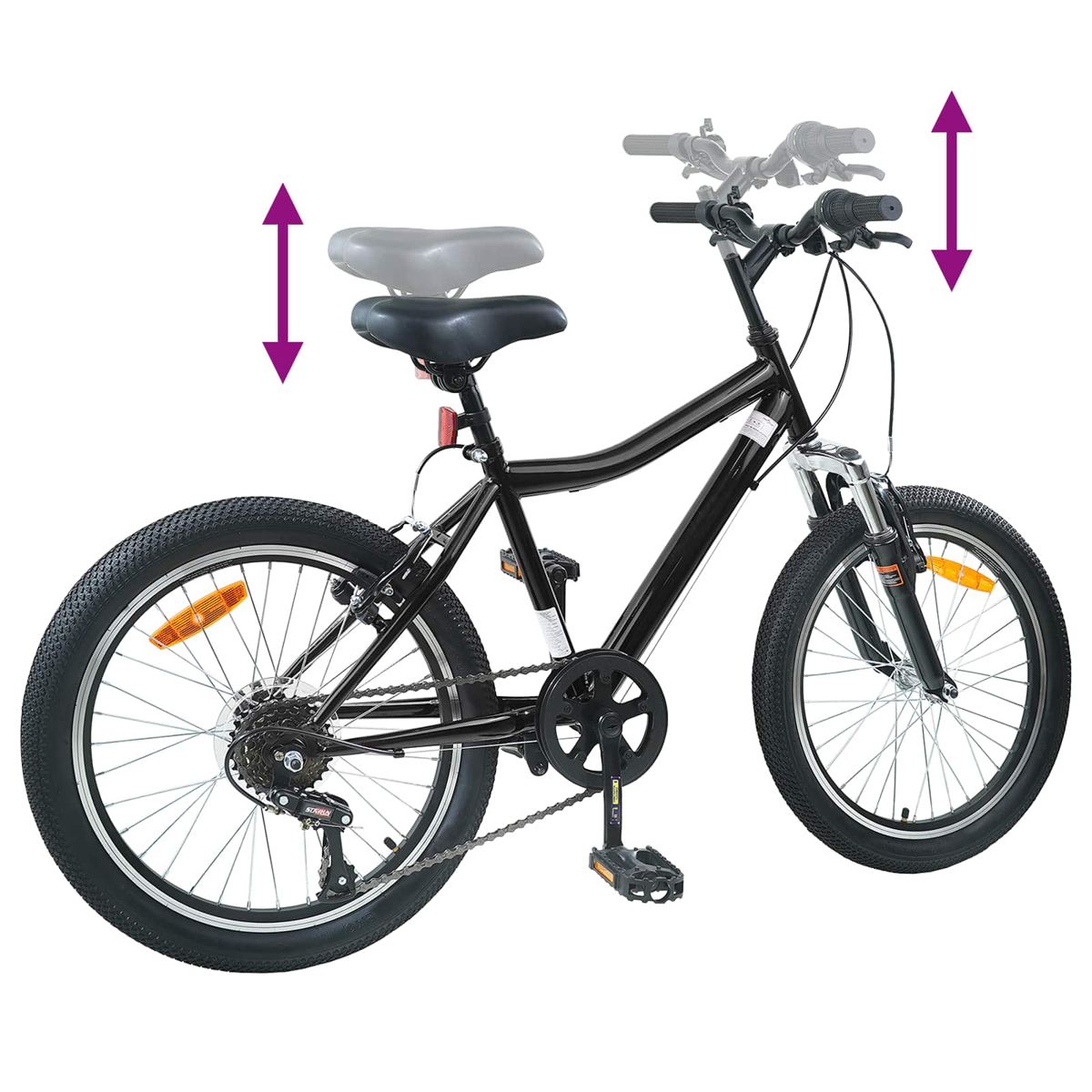 Schwarzes Fahrrad mit verstellbarer Sitzhöhe und Lenkerhöhe.